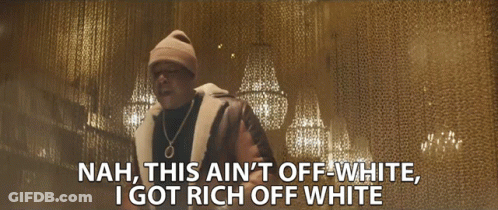A Man Says Nah This Ain 'T Off White I Got Rich Off White In Front Of A Chandelier GIF