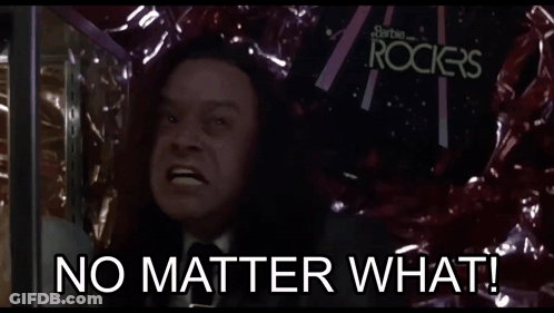 A Man Says No Matter What In Front Of A Sign For Barbie Rockers GIF