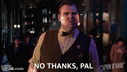 A Man Says " No Thanks Pal " In Front Of A Crowd GIF