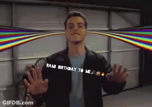 A Man Says Ram Birthday To Me With A Rainbow In The Background GIF