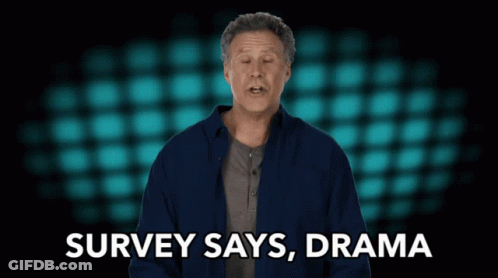 A Man Says " Survey Says Drama " In Front Of A Checkered Background GIF