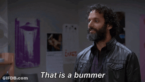 A Man Says That Is A Bummer In Front Of A Purple Poster GIF