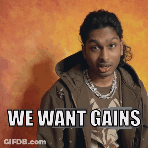 A Man Says We Want Gains While Wearing A Brown Jacket GIF