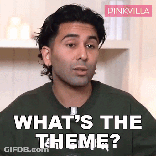A Man Says " What 'S The Theme " In Front Of A Pink Villa Logo GIF
