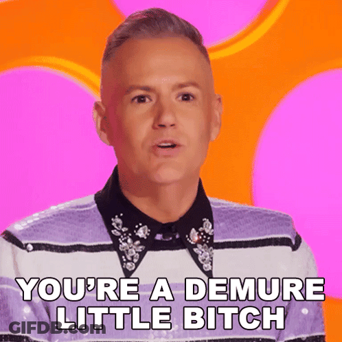 A Man Says You 'Re A Demure Little Bitch On A Pink Background GIF