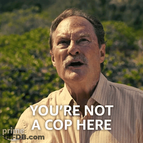 A Man Says " You 'Re Not A Cop Here " In Front Of Some Bushes GIF