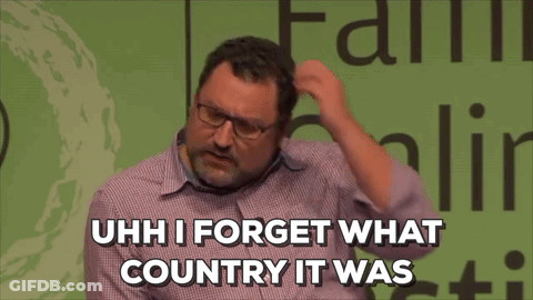 A Man Scratching His Head With The Words Uhh I Forget What Country It Was Below Him GIF