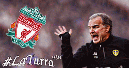 A Man Shouting In Front Of A Liverpool Football Club Crest GIF