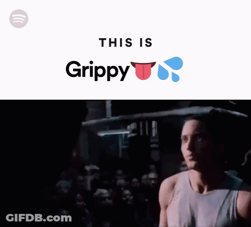 A Man Singing In Front Of A Crowd With The Words This Is Grippy Below Him GIF