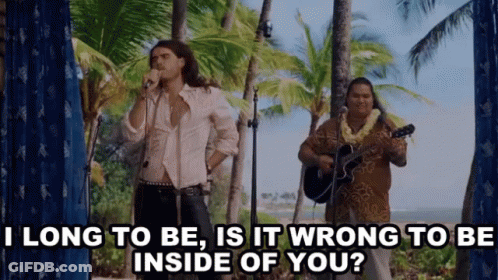 A Man Singing Into A Microphone Next To A Man Playing A Guitar With The Words I Long To Be Is It Wrong GIF