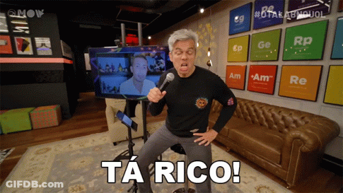 A Man Singing Into A Microphone With The Word Ta Rico Written Below Him GIF