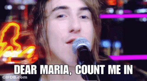 A Man Singing Into A Microphone With The Words " Dear Maria Count Me In " Above Him GIF