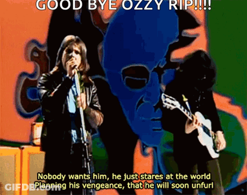 A Man Singing Into A Microphone With The Words " Good Bye Ozzy Rip " GIF