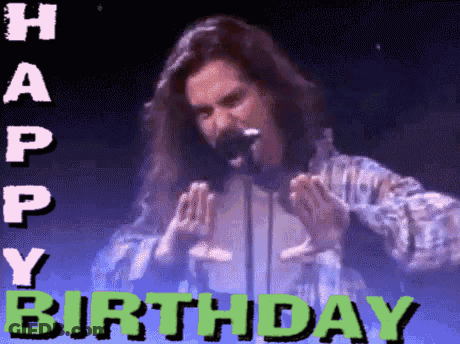 A Man Singing Into A Microphone With The Words Happy Birthday Written In Green GIF
