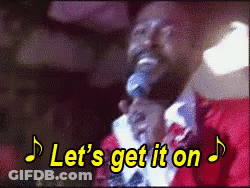 A Man Singing Into A Microphone With The Words Let 'S Get It On Written Above Him GIF