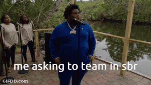 A Man Singing Into A Microphone With The Words " Me Asking To Team In Sbr " On The Bottom GIF