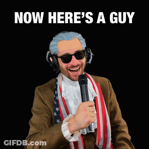 A Man Singing Into A Microphone With The Words " Now Here 'S A Guy " Above Him GIF