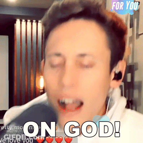 A Man Singing Into A Microphone With The Words " On God " Written Above Him GIF