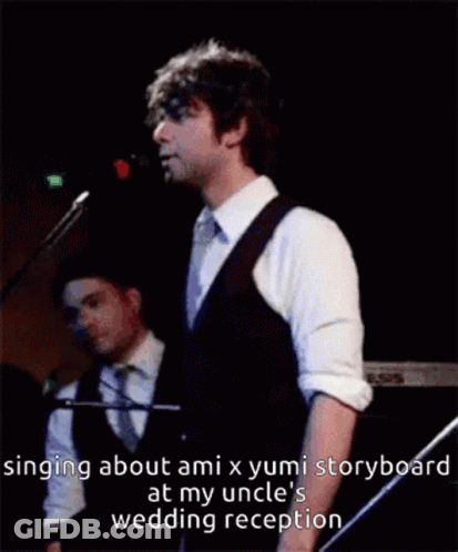 A Man Singing Into A Microphone With The Words Singing About Ami X Yumi Storyboard At My Uncle 'S Wedding Reception Belo GIF