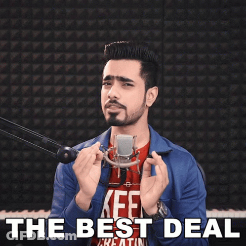 A Man Singing Into A Microphone With The Words " The Best Deal " Above Him GIF