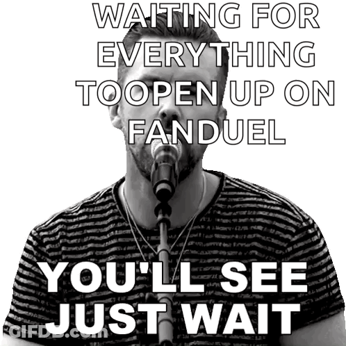 A Man Singing Into A Microphone With The Words Waiting For Everything To Open Up On Fanduel GIF