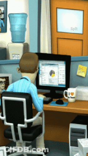 A Man Sits At A Desk With A Computer And A Mug That Says I Love You On It GIF