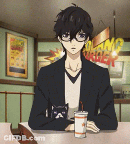 A Man Sits At A Table With A Cat And A Drink In Front Of A Sign That Says Grand Burger GIF