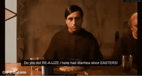 A Man Sits At A Table With A Plate Of Food And Says Do You Not Re-A-Lize GIF