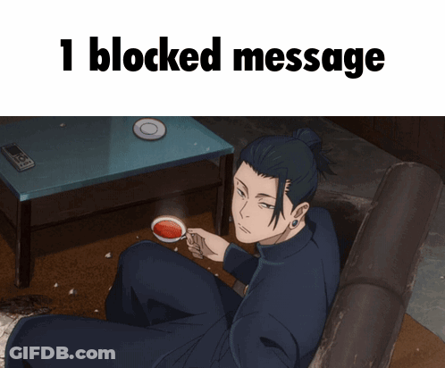 A Man Sits In A Chair Holding A Cup Of Coffee With The Words 1 Blocked Message Above Him GIF