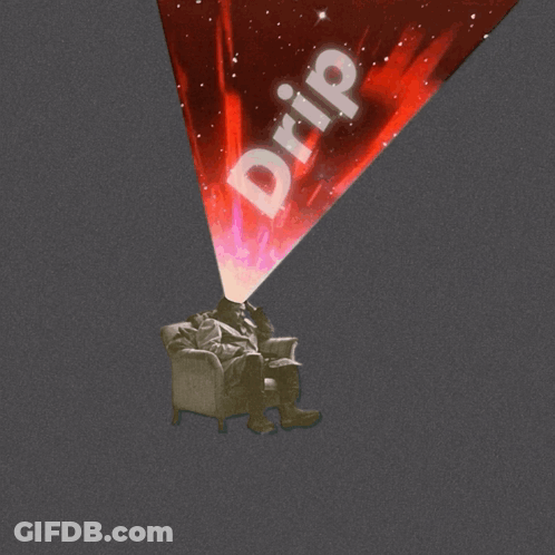 A Man Sits In A Chair With The Word Drip Coming Out Of His Mouth GIF