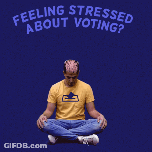 A Man Sits In A Lotus Position With The Words " Feeling Stressed About Voting " Written Above Him GIF