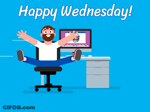 A Man Sits In Front Of A Computer With The Words Happy Wednesday GIF