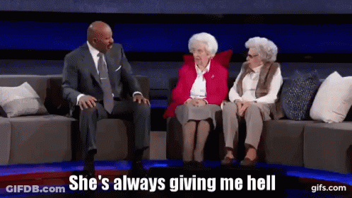 A Man Sits On A Couch With Two Older Women And Says She 'S Always Giving Me Hell On The Screen GIF