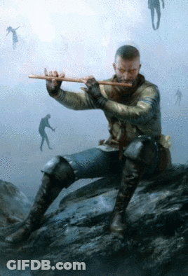 A Man Sits On A Rock Playing A Flute In A Painting GIF