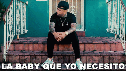 A Man Sits On A Set Of Steps With The Words La Baby Que Yo Necesito GIF