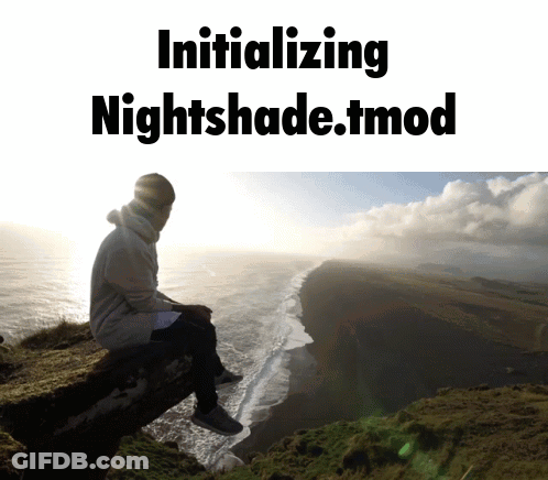 A Man Sits On The Edge Of A Cliff Overlooking The Ocean With The Words Initializing Nightshade.tmod Below Him GIF