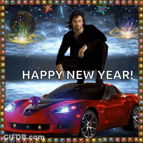 A Man Sits On Top Of A Red Sports Car With The Words Happy New Year Written Below Him GIF