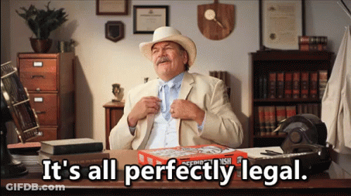A Man Sitting At A Desk With A Box Of Pizza And The Words It 'S All Perfectly Legal On The Bottom GIF