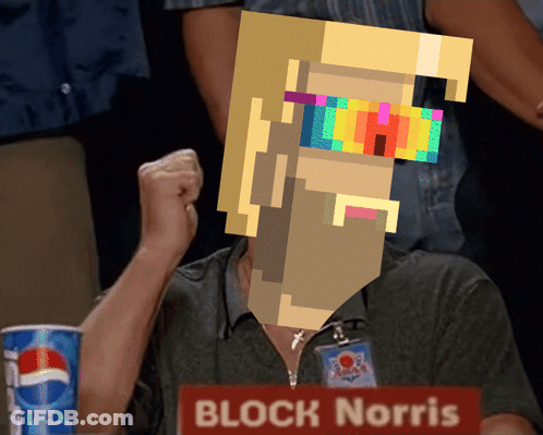 A Man Sitting At A Table With A Name Tag That Says Block Norris GIF