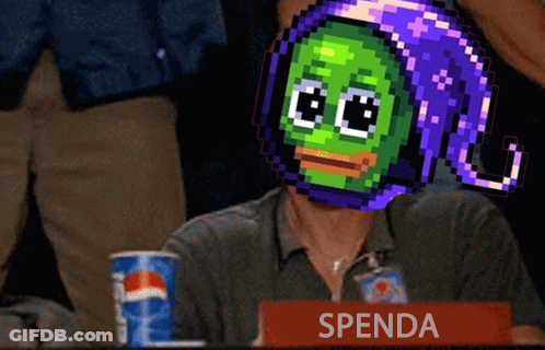 A Man Sitting At A Table With A Sign That Says Spenda In Front Of Him GIF