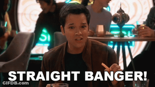 A Man Sitting At A Table With The Words Straight Banger Written On The Bottom GIF