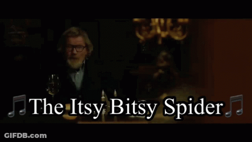 A Man Sitting At A Table With The Words " Went Up The Waterspout " GIF