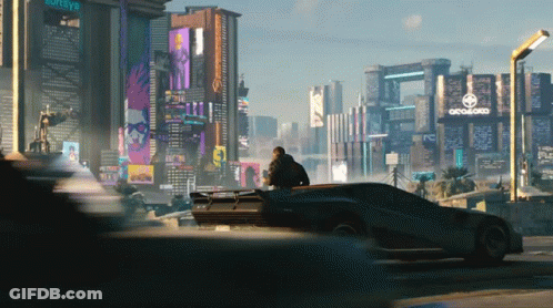 A Man Sitting In A Car In A Futuristic City With A Sign That Says Geoland GIF