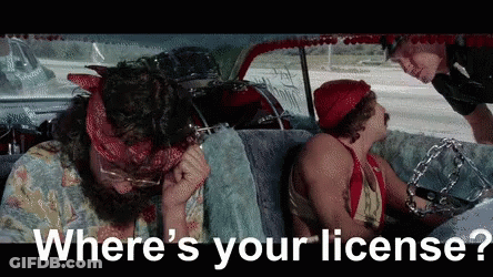 A Man Sitting In A Car Talking To A Police Officer With The Words " Where 'S Your License " Below Him GIF