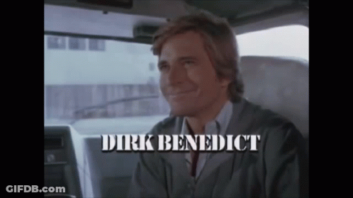 A Man Sitting In A Car With The Name Dirk Benedict On The Bottom GIF