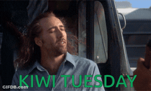 A Man Sitting In A Car With The Words Kiwi Tuesday Written Below Him GIF