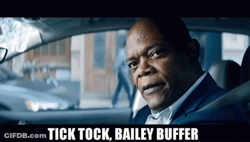 A Man Sitting In A Car With The Words Tick Tock Bailey Buffer Above Him GIF