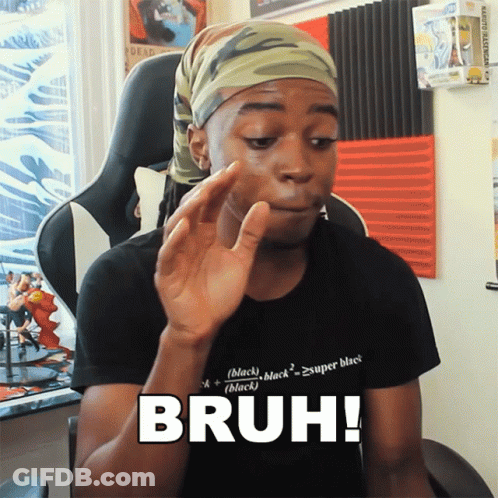 A Man Sitting In A Chair With The Word Bruh On His Shirt GIF