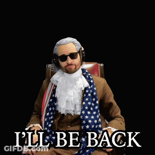 A Man Sitting In A Chair With The Words " I 'Ll Be Back " On The Bottom GIF