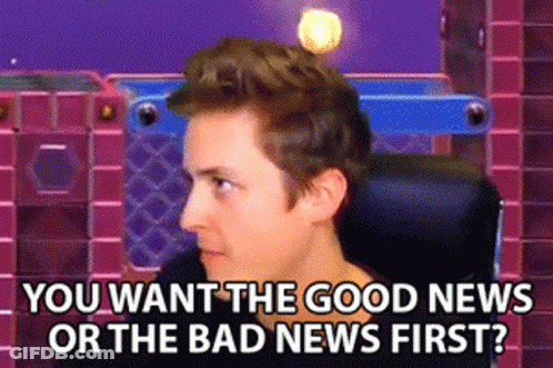 A Man Sitting In A Chair With The Words " You Want The Good News Or The Bad News First " Below Him GIF